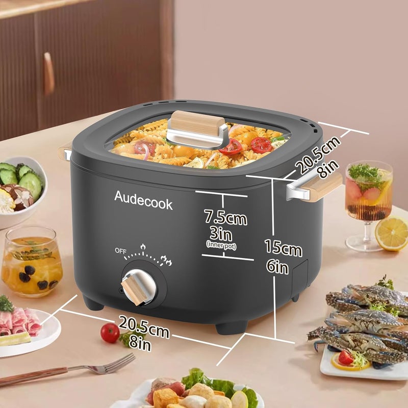 Audecook Hot Pot Electric, 2.5L Portable Nonstick Multicooker for 1-3 Persons, Honeycomb Texture Travel Electric Skillet with Dual Power Temperature Control for Steak/Egg/Noodles/Oatmeal (Black) - Image 3
